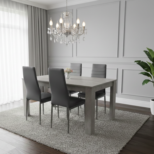 DOUBS Dining Table and 4 Chairs Stone Grey Effect Wood Table 4 Grey Leather Chairs Dining Room