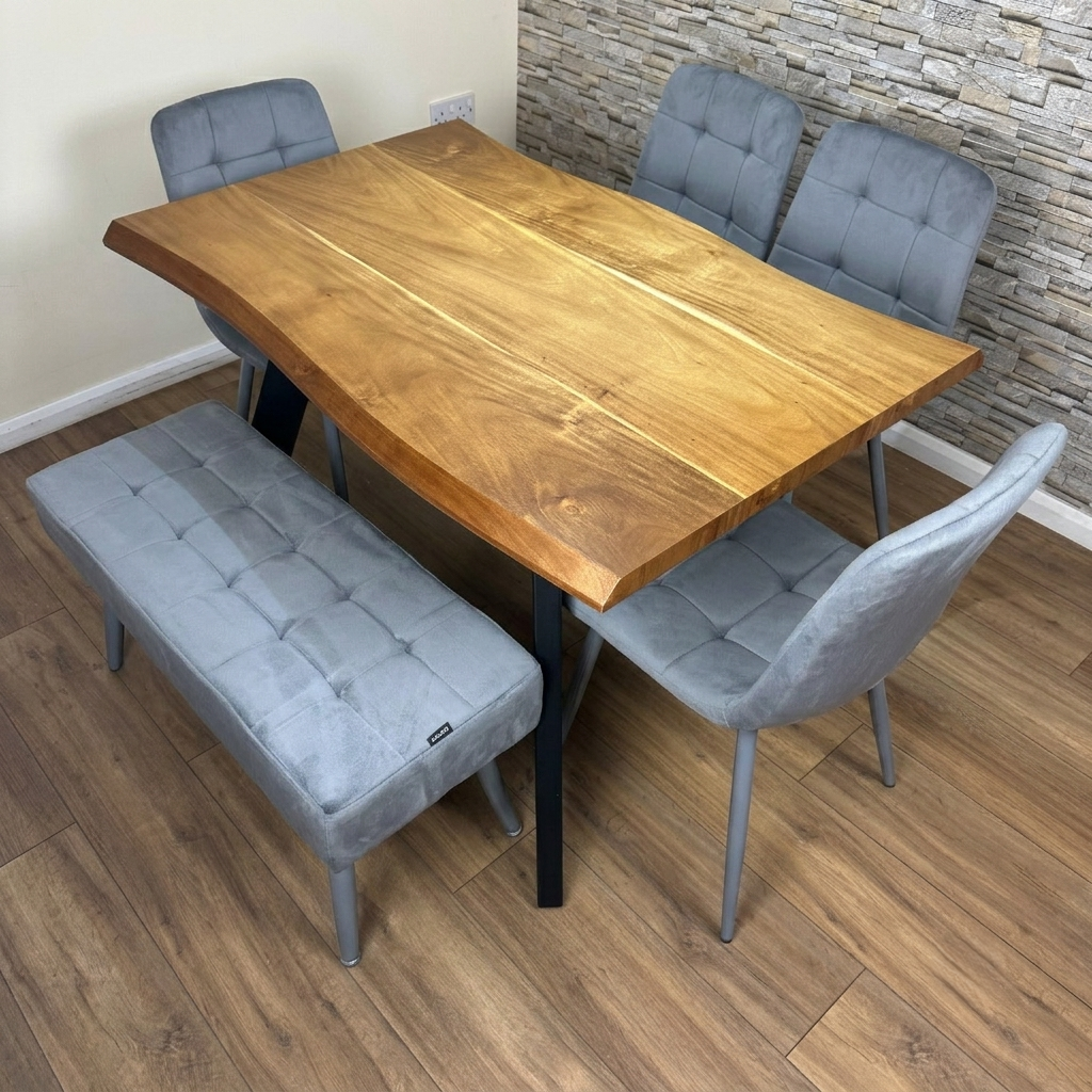 DOUBS Modern Wood Dining Table with 4 Grey Velvet Chairs and 1 Bench 6-Piece Set