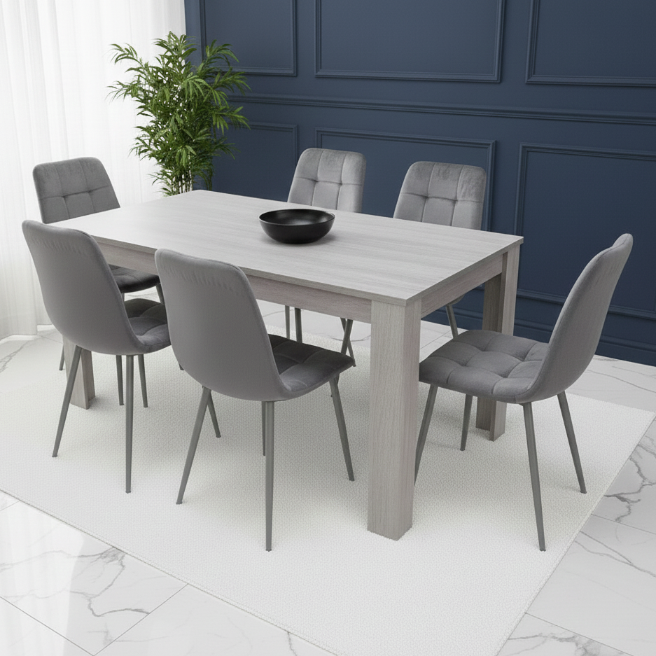 DOUBS Grey Wooden Dining Table Set with 6 Grey Velvet Chairs Dining Room Furniture