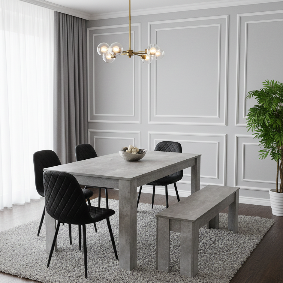 DOUBS Dining Table and 4 Chairs Stone Grey Effect Wood Table 4 Black Leather Chairs Dining Room