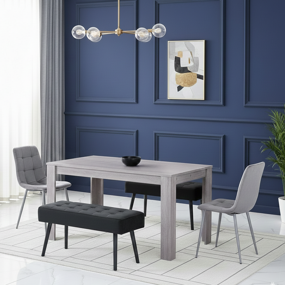 DOUBS Dining Table and 2 Chairs With 2 Benches Grey 2 Grey Velvet Chairs