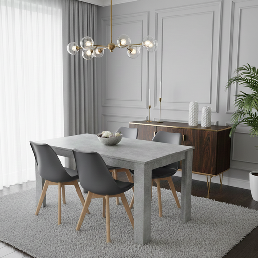 DOUBS Dining Table and 4 Chairs Stone Grey Effect Wood Table 4 Grey Plastic Leather Chairs Dining Room