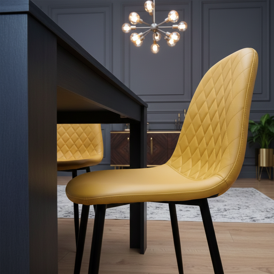 DOUBS Dining Table and 4 Chairs  Black Dark Grey 4 Leather Mustard Chairs Wood Dining Set Furniture