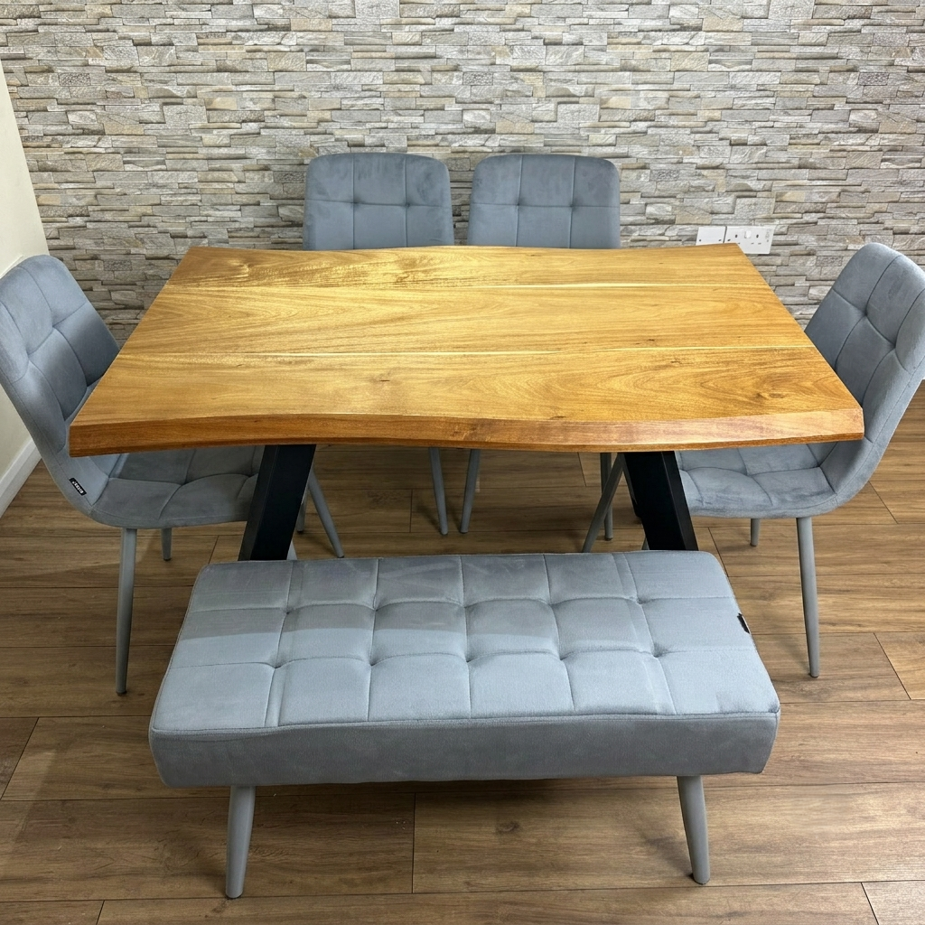 DOUBS Modern Wood Dining Table with 4 Grey Velvet Chairs and 1 Bench 6-Piece Set