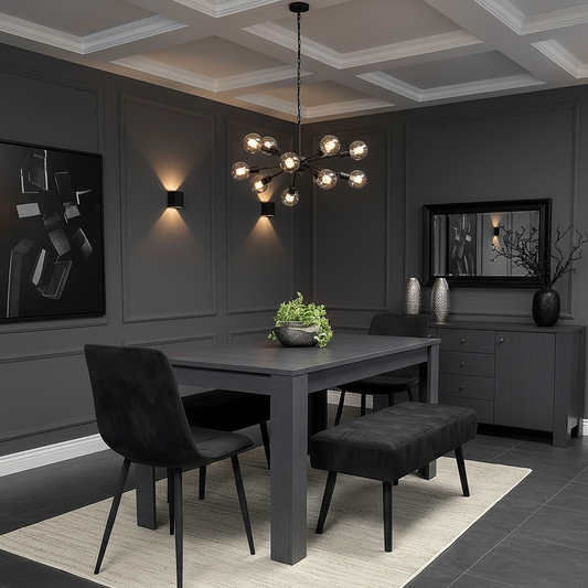 DOUBS Arrow Design Wooden Dining Table with Black  Velvet Chairs and 2 black velvet Benches