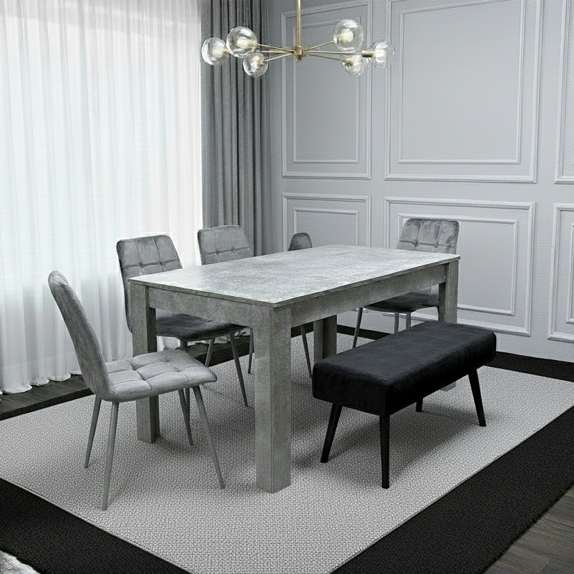 DOUBS Grey Wooden Dining Table Set with 4 Grey Chairs and 1 Bench - Dining Kitchen Room Furniture