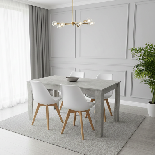 DOUBS Dining Table and 4 Chairs Stone Grey Effect Wood Table 4 White Plastic Leather Chairs Dining Room