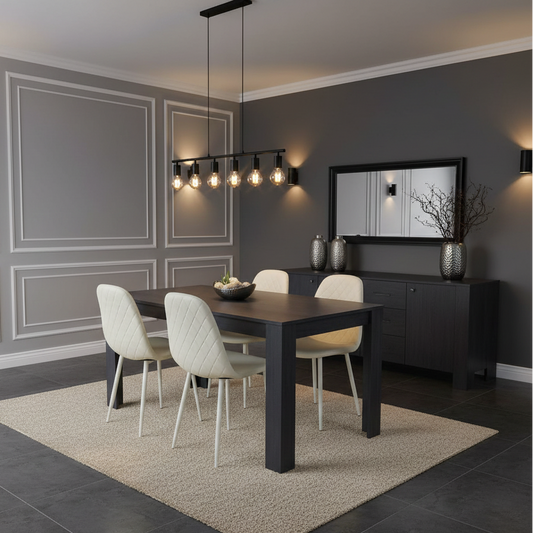 DOUBS Dining Table and 4 Chairs  Black Dark Grey Leather Cream Chairs Wood Dining Set Furniture