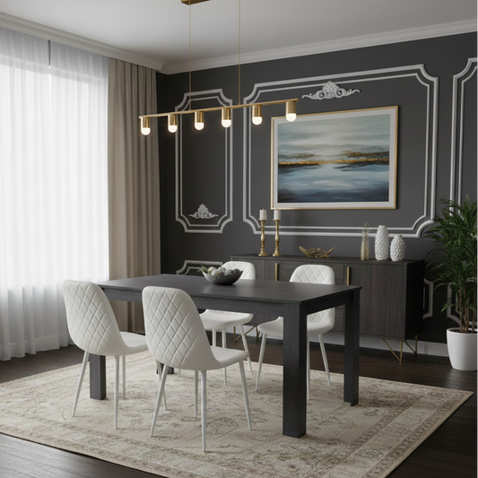 DOUBS Dining Table and 4 Chairs  Black Dark Grey 4 Leather White Chairs Wood Dining Set Furniture