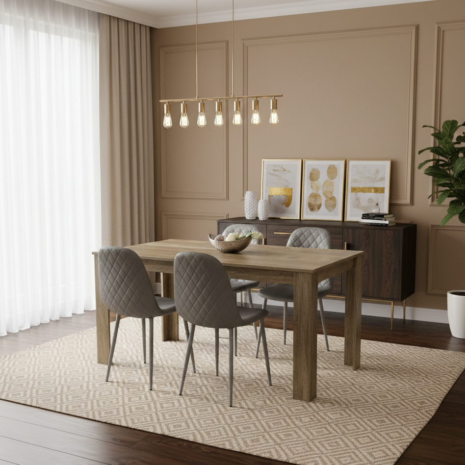 DOUBS Dining Set of 4 Dining Table and 4 Grey Gem Patterned Stitiched Chairs