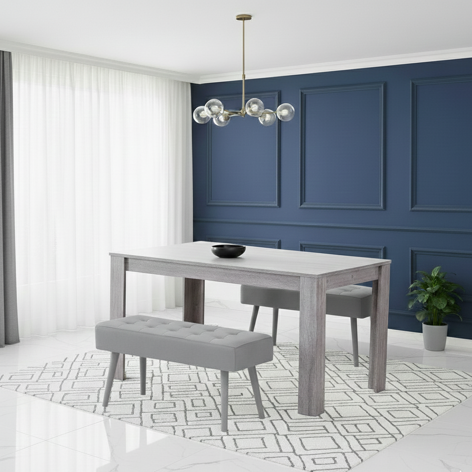 DOUBS Dining Table and 2 Benches 2 Grey Velvet Benches Wood Table Dining Set Furniture