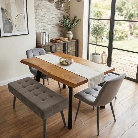 DOUBS Wood Dining Table with 2 Grey Velvet Chairs and 2 Benches 5-Piece Set