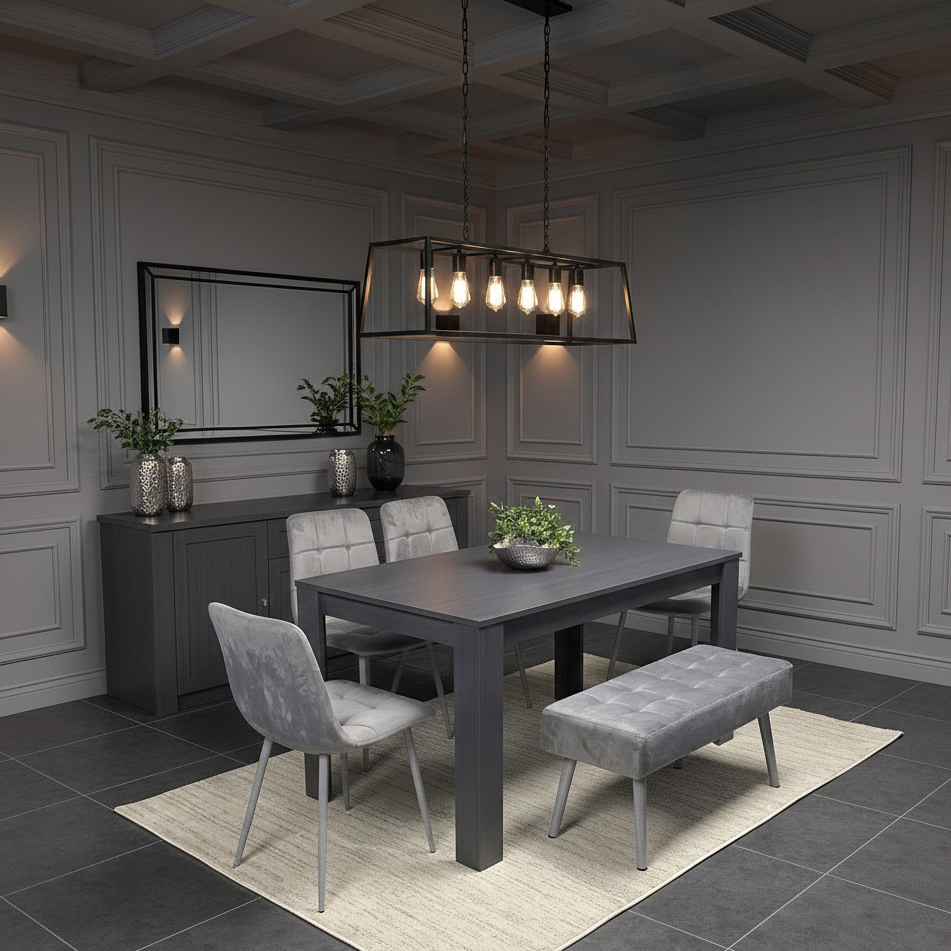 DOUBS Dining Table and 4 Chairs With Bench Dark Grey, 4 Grey Velvet Chairs Wood Dining Set Furniture
