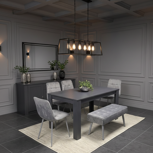 DOUBS Dining Table and 4 Chairs With Bench Dark Grey, 4 Grey Velvet Chairs Wood Dining Set Furniture