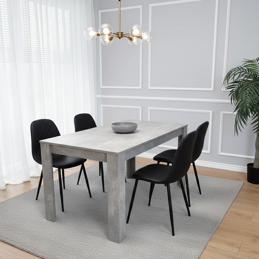 DOUBS Dining Table and 4 Chairs Stone Grey Effect Wood Table 4 Black Leather Chairs Dining Room