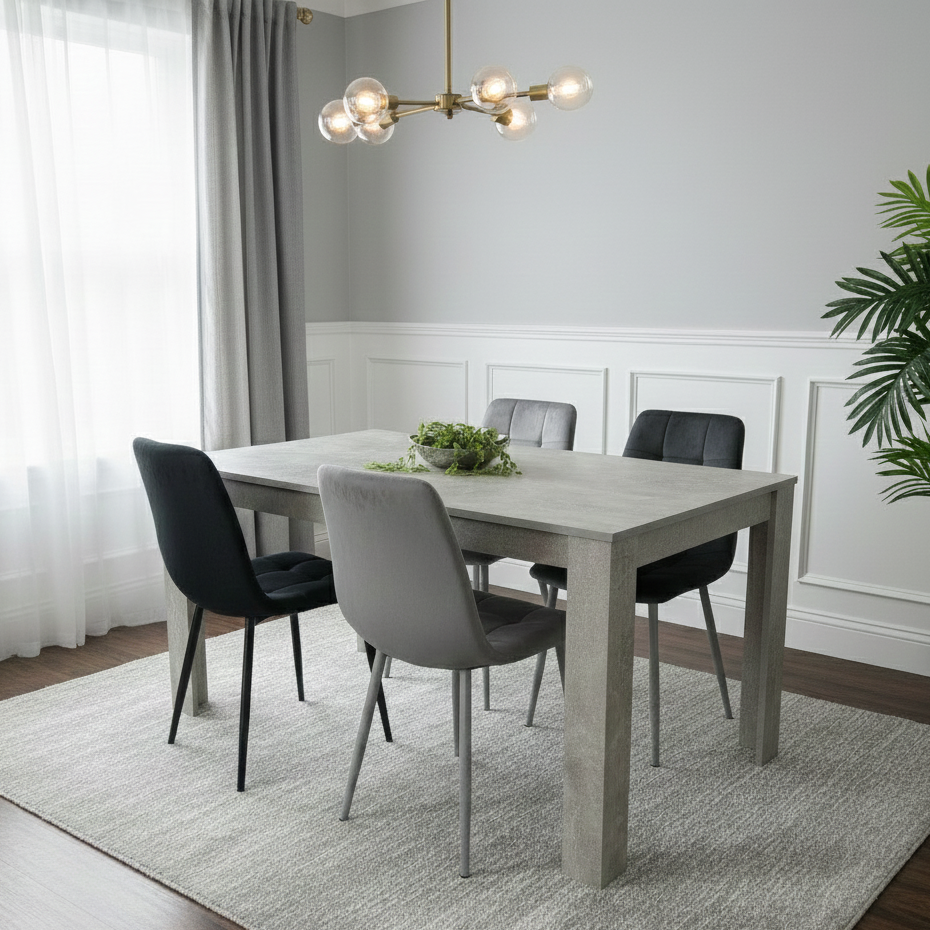 DOUBS Dining Table and 4 Chairs Stone Grey Effect Wood Table 4 Grey Black Velvet Chairs Dining Room