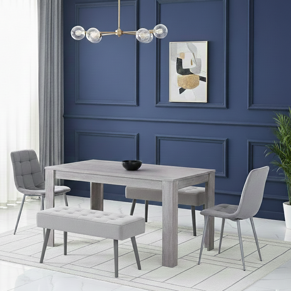 DOUBS Dining Table and 2 Chairs With 2 Benches Grey 2 Grey Velvet Chairs
