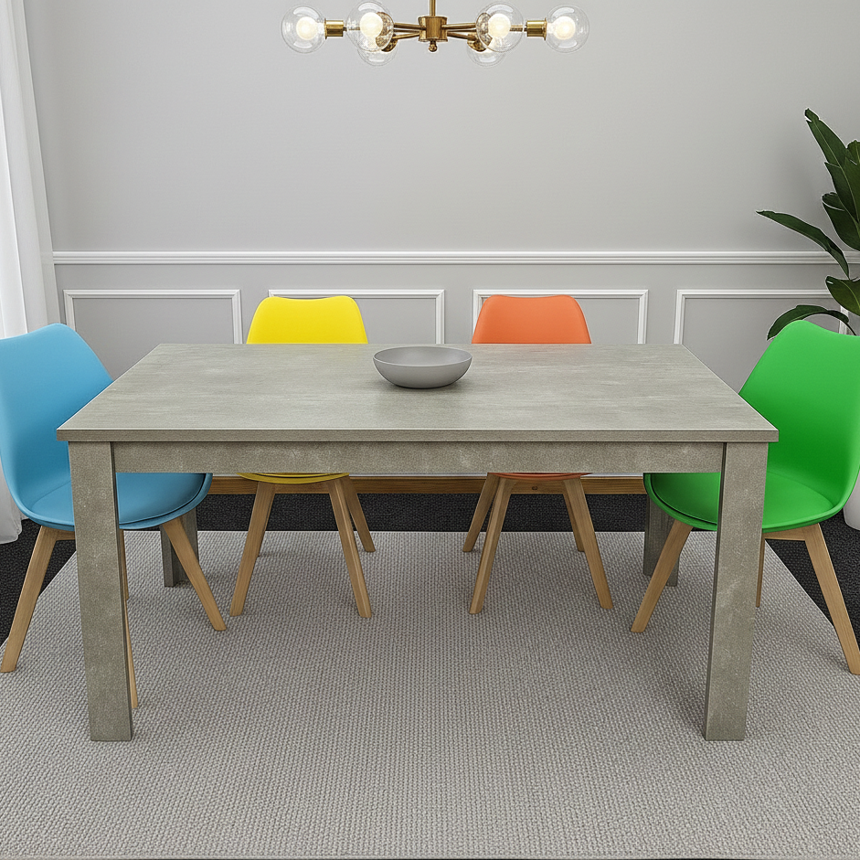 DOUBS Dining Table and 4 Chairs Stone Grey Effect Wood Table 4 colourful Plastic Leather Chairs Dining Room
