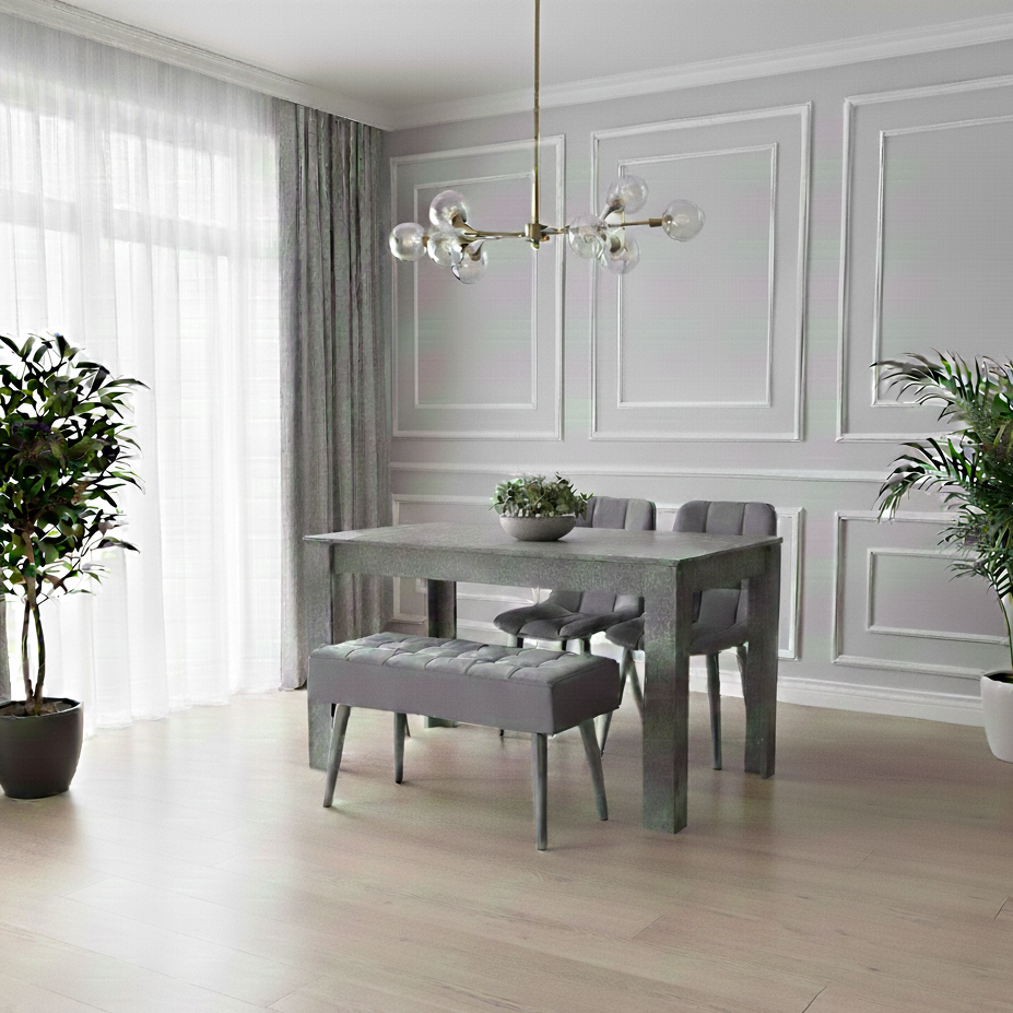 DOUBS Grey Wooden Dining Table Set with 2 Grey Chairs and 1 Bench - Dining Kitchen Room Furniture