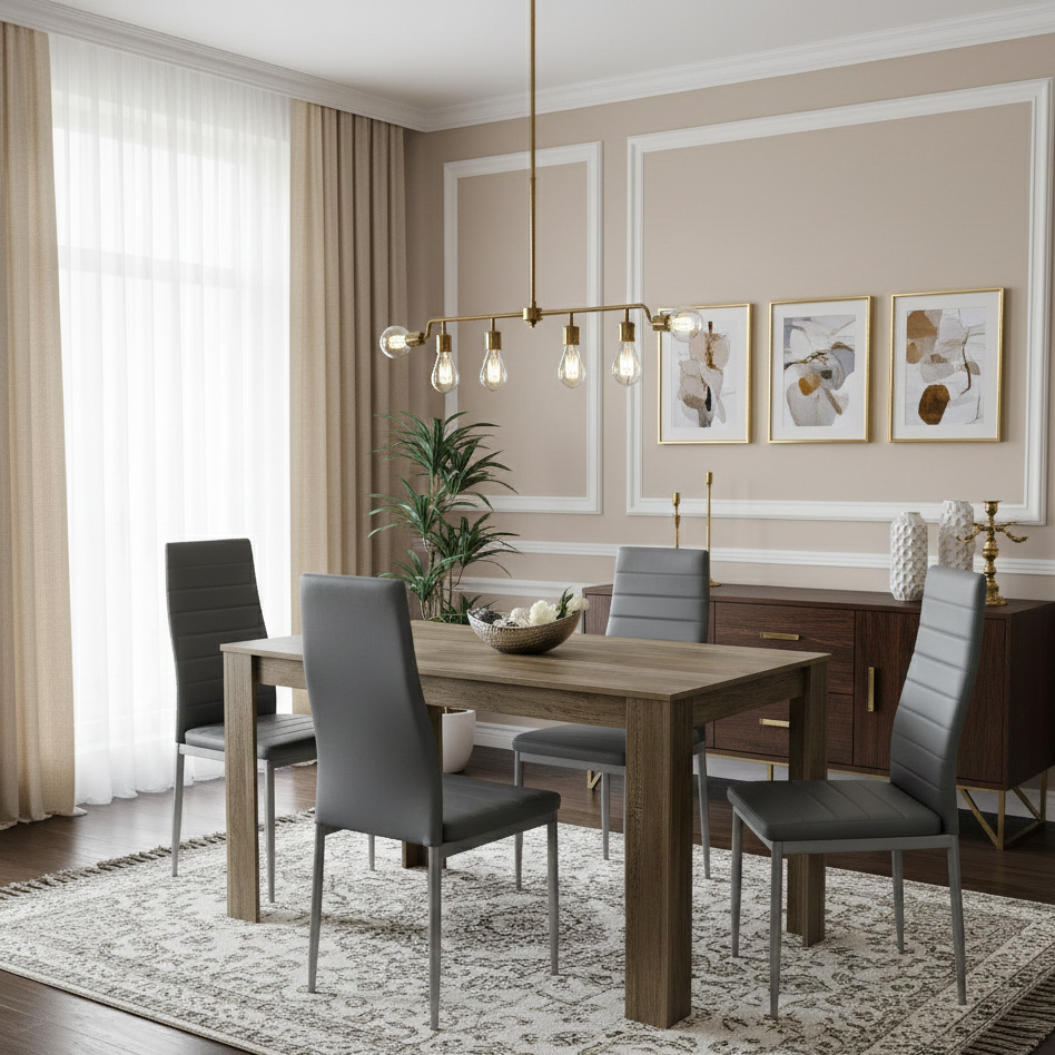 DOUBS Dining Table and 4 Chairs Rustic Effect Wood Table 4 Grey Leather Chairs Dining Room