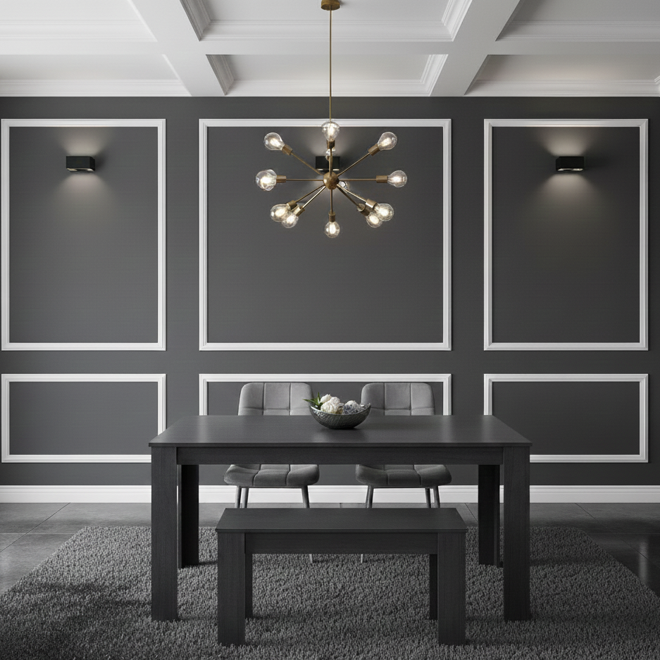 DOUBS Dining Table and 2 Chairs With Bench  Black Dark Grey Velvet Chairs Wood Dining Set Furniture