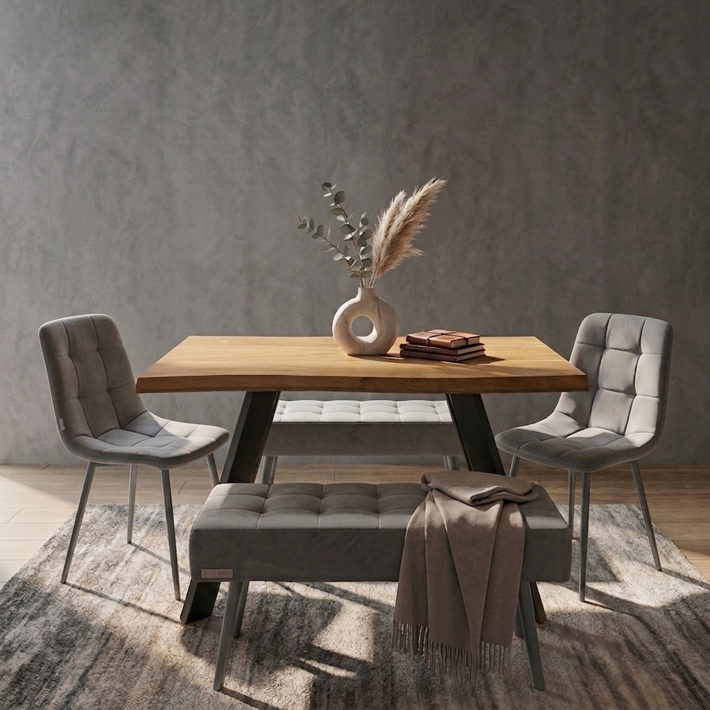 DOUBS Wood Dining Table with 2 Grey Velvet Chairs and 2 Benches 5-Piece Set