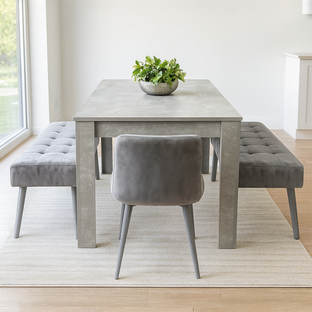 DOUBS Grey Wooden Dining Table Set with 2 Grey Chairs and Benches - Dining Kitchen Room Furniture