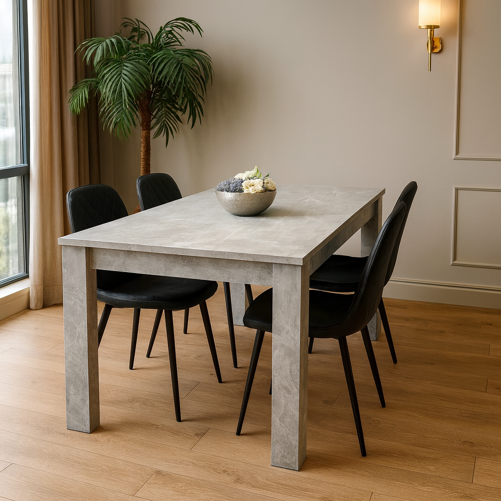 Dining Table and 4 Chairs Stone Grey Effect Wood Table 4 Black Leather Chairs Dining Room