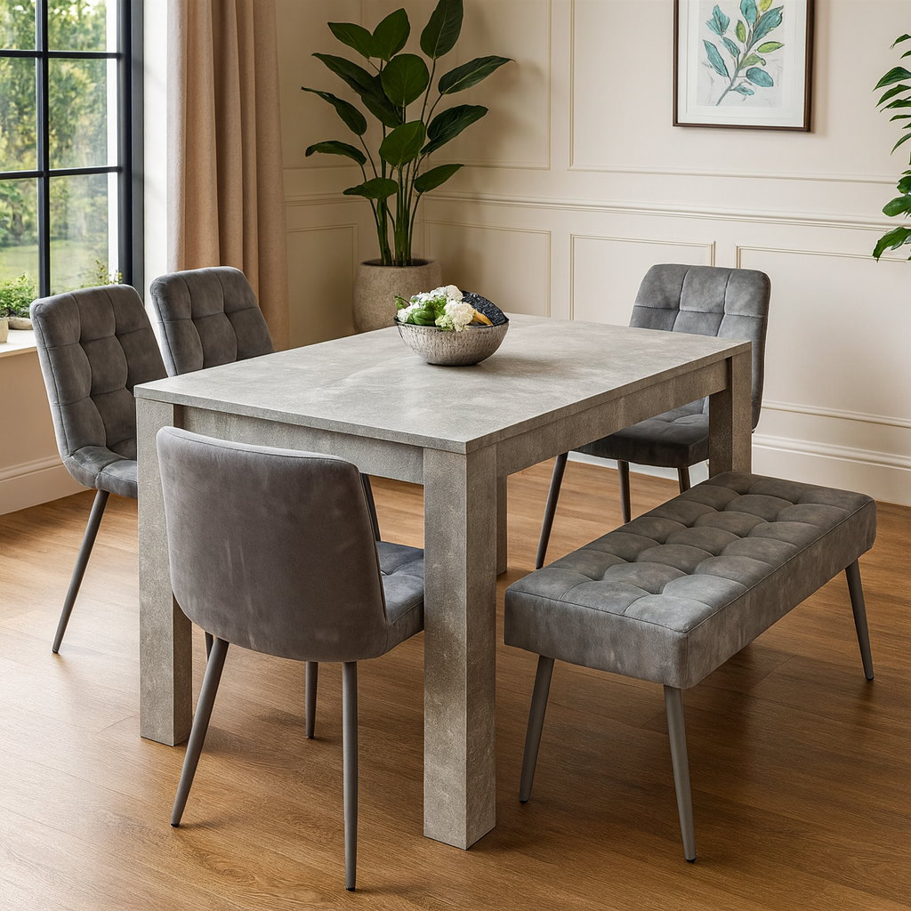 Grey Wooden Dining Table Set with 4 Grey Chairs and 1 Bench - Dining Kitchen Room Furniture