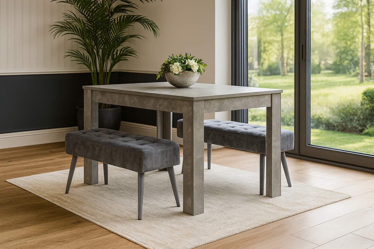 Grey Wooden Dining Table Set and 2 Benches with Metal Legs – Dining Kitchen Room Furniture