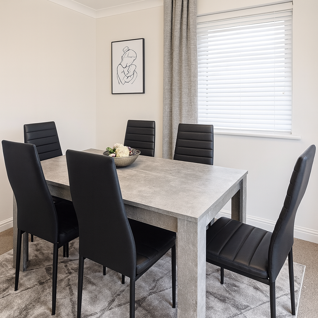 Dining Table and 6 Chairs Stone Grey Effect Wood Table 6 Black Leather Chairs Dining Room