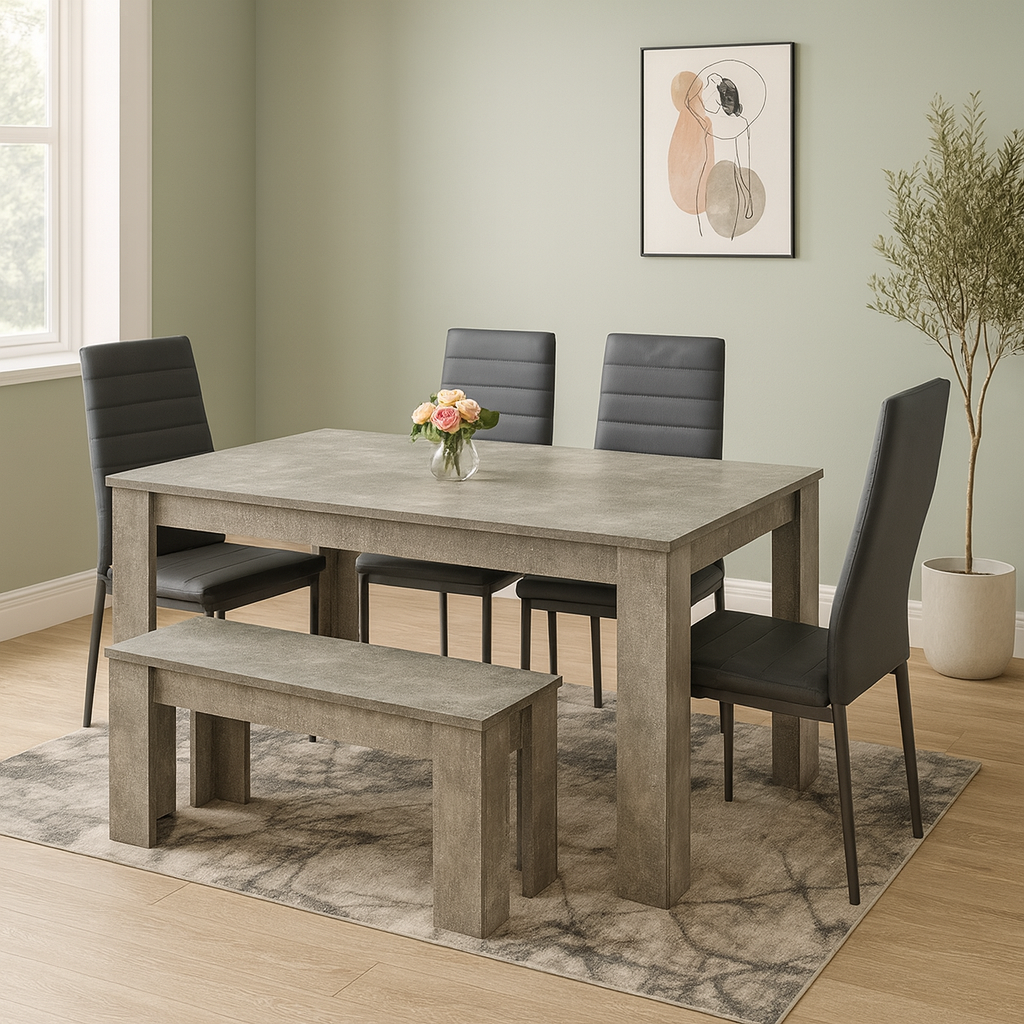Dining Table and 4 Chairs With Bench Stone Grey Effect Wood Table 4 Grey Leather Chairs Dining Room