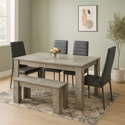 Dining Table and 4 Chairs With Bench Stone Grey Effect Wood Table 4 Grey Leather Chairs Dining Room