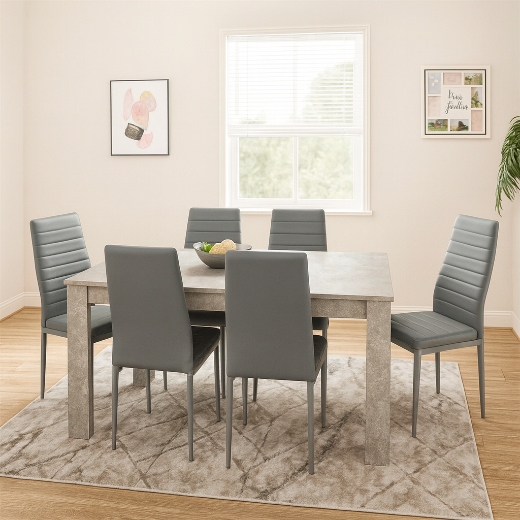 Dining Table and 6 Chairs Stone Grey Effect Wood Table 6 Grey Leather Chairs Dining Room