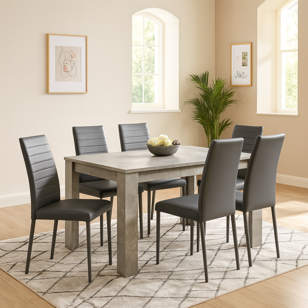 Dining Table and 6 Chairs Stone Grey Effect Wood Table 6 Grey Leather Chairs Dining Room