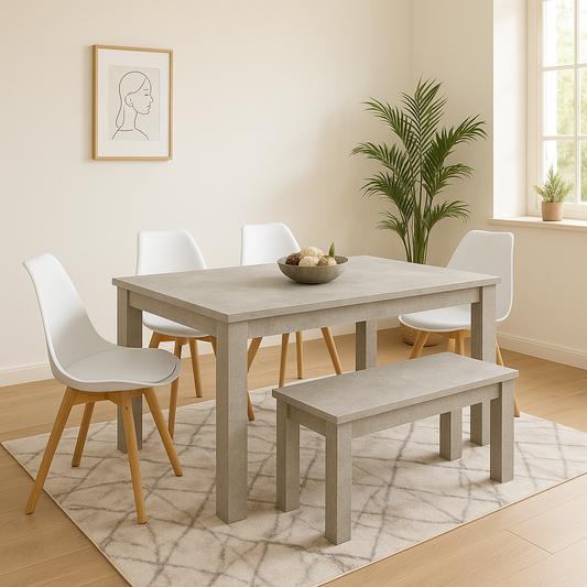 Dining Table and 4 Chairs With Bench Stone Grey Effect Wood Table 4 White Plastic Leather Chairs Dining Room