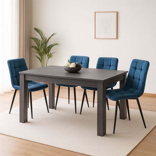 Dining Table and 4 Chairs  Black Dark Grey Blue Velvet Chairs Wood Dining Set Furniture