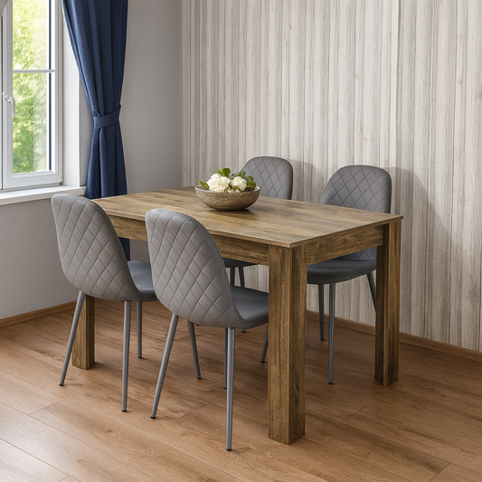Dining Set of 4 Dining Table and 4 Grey Gem Patterned Stitiched Chairs