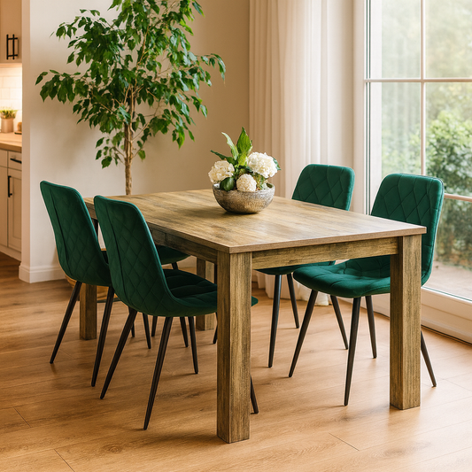 Dining Set of 4 Dining Table and 4 Green Velvet Chairs Dining Room Furniture