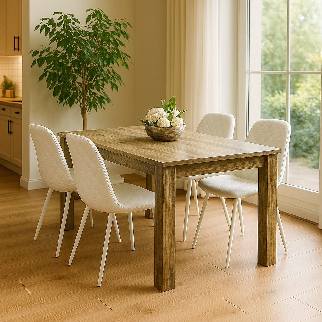 Wooden Dining Table with 4 Cream Gem Patterned Chairs Rusteic Effect Table with Cream Chairs