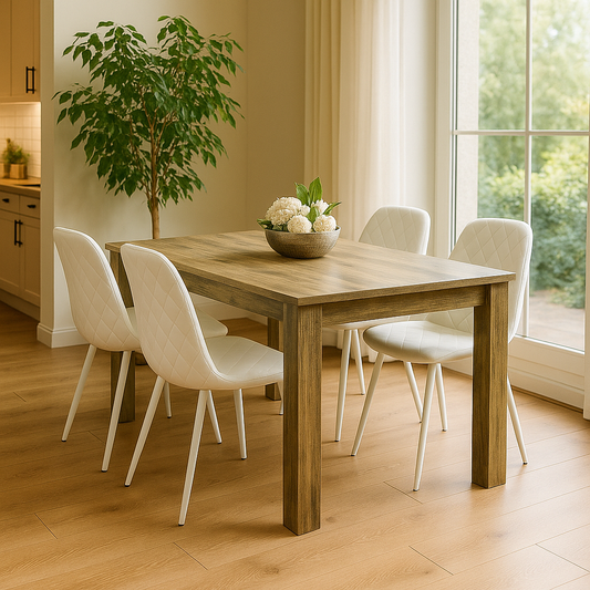 Wooden Dining Table with 4 Cream Gem Patterned Chairs Rusteic Effect Table with Cream Chairs
