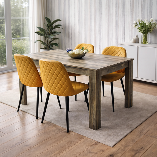 Dining Table and 4 Chairs Rustic Effect Table with 4 Mustard Gem Patterned Chairs
