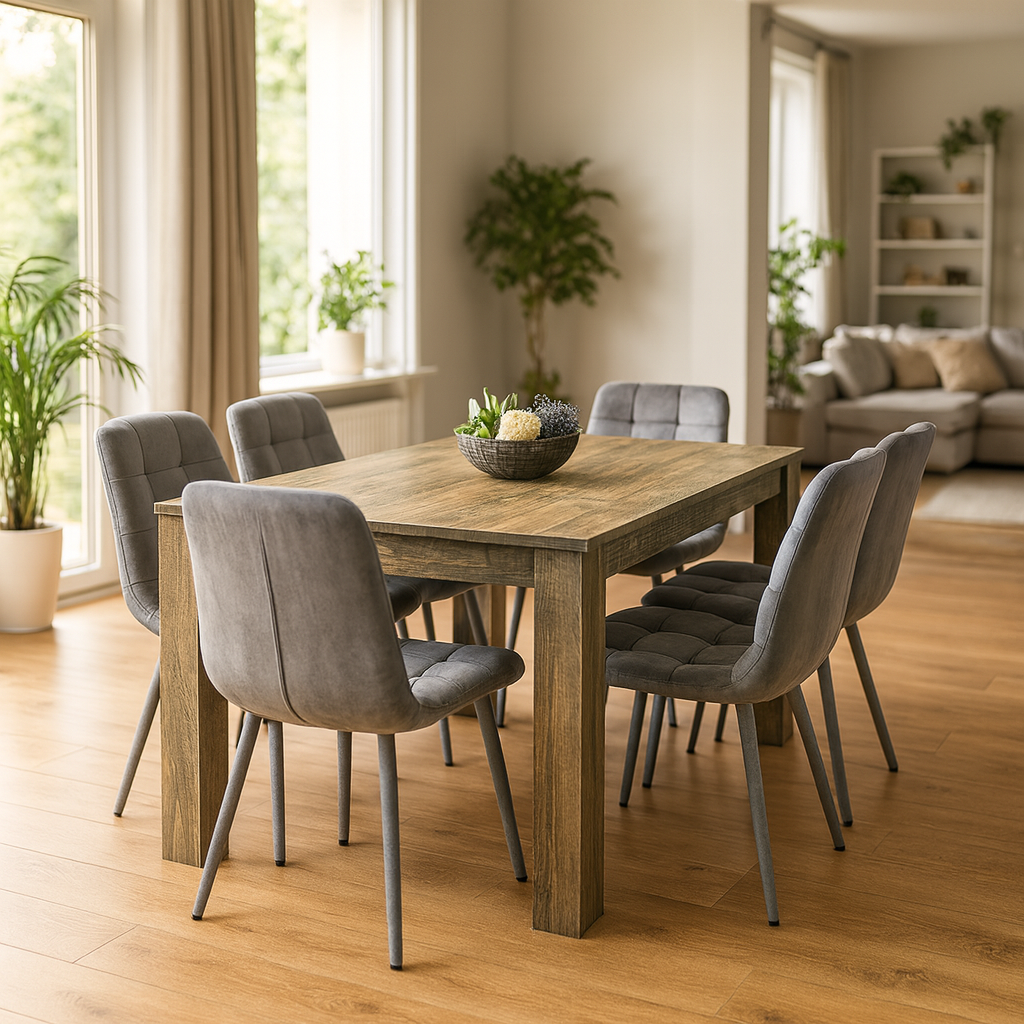 Dining Table and 6 Chairs Rustic Effect Wood Table 6 Grey Velvet Chairs Dining Room