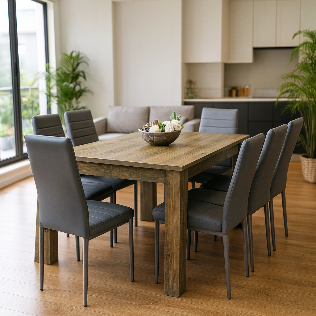 Dining Table and 6 Chairs Rustic Effect Wood Table 6 Grey Leather Chairs Dining Room