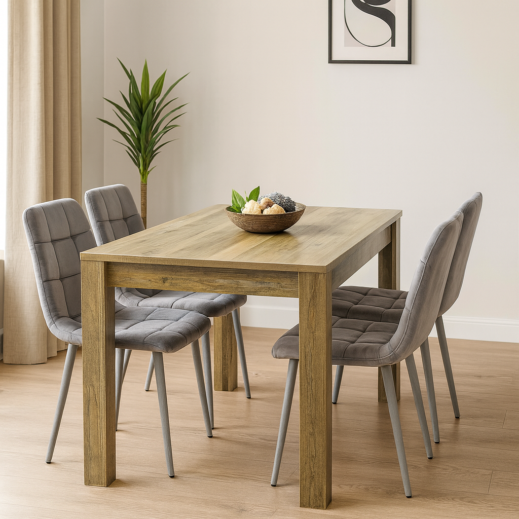 Dining Table and 4 Chairs Rustic Effect Wood Table 4 Grey Velvet Chairs Dining Room