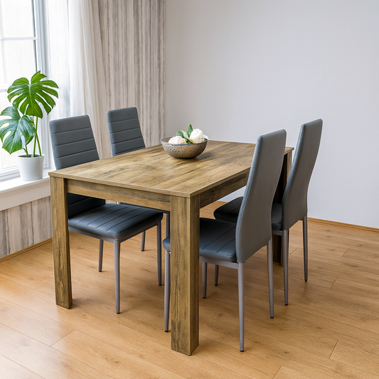 Dining Table and 4 Chairs Rustic Effect Wood Table 4 Grey Leather Chairs Dining Room