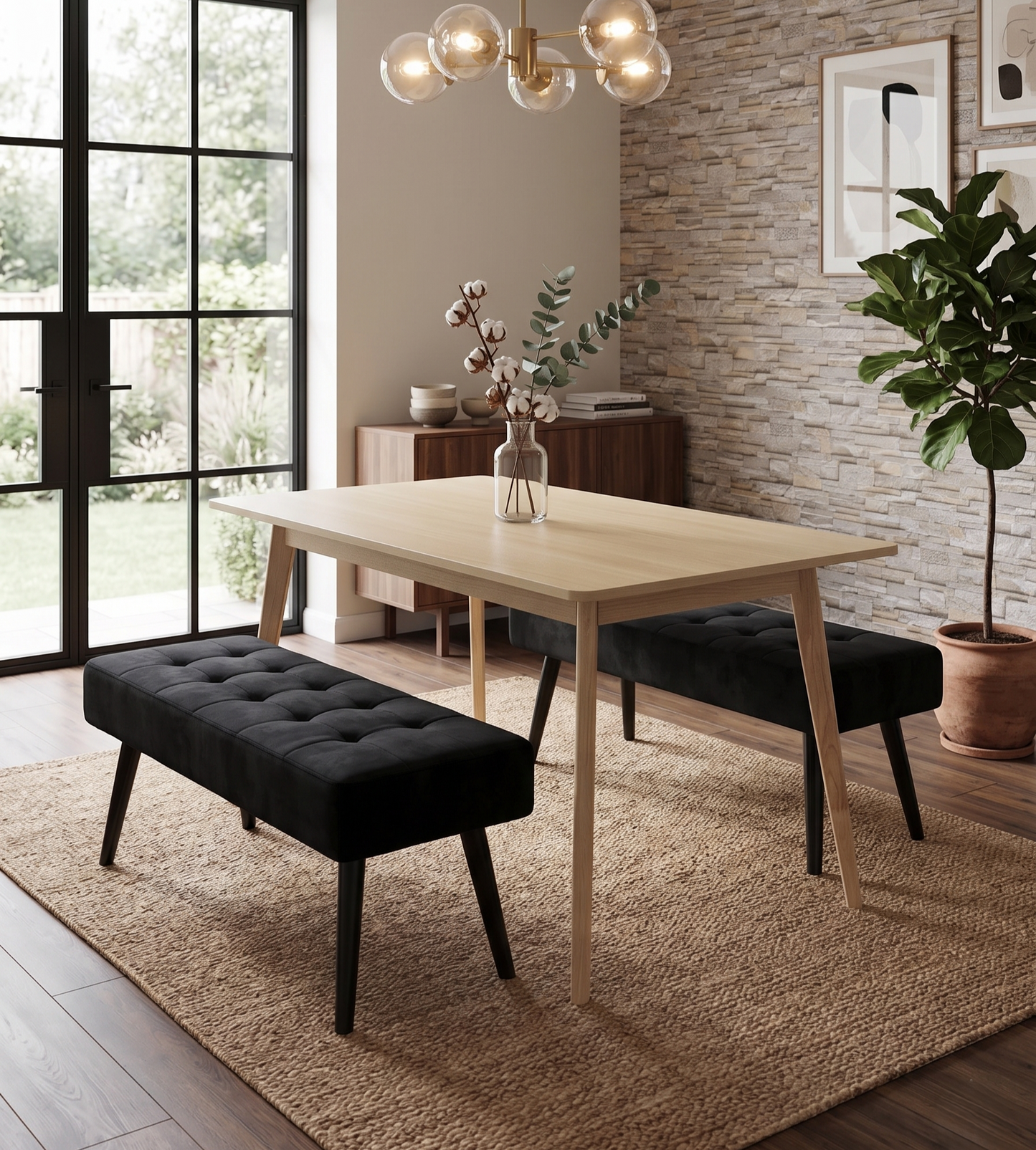 DOUBS Dining Table Set with 2 Black Velvet Benches Oak Effect Table 3-Piece Set