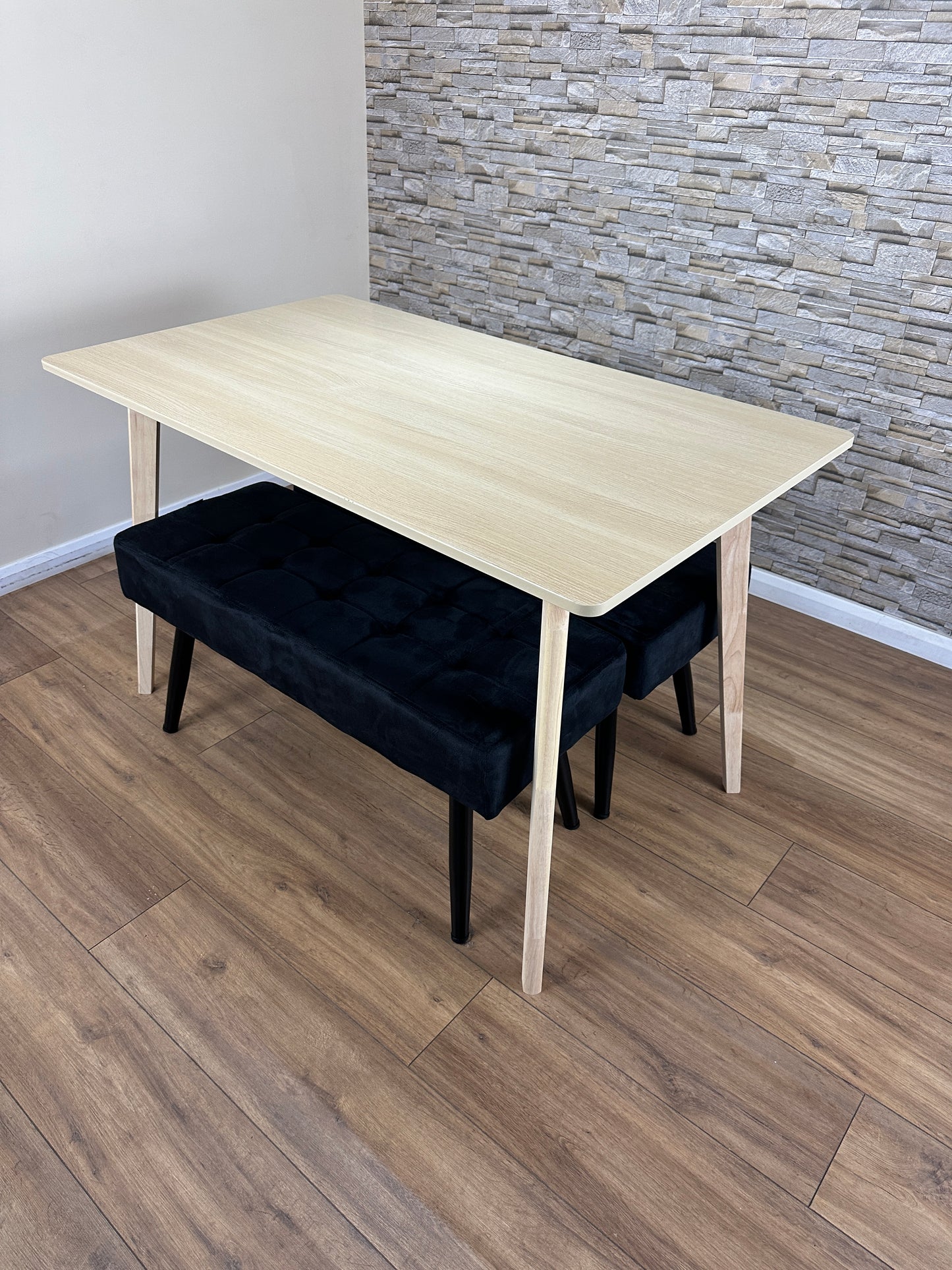 DOUBS Dining Table Set with 2 Black Velvet Benches Oak Effect Table 3-Piece Set