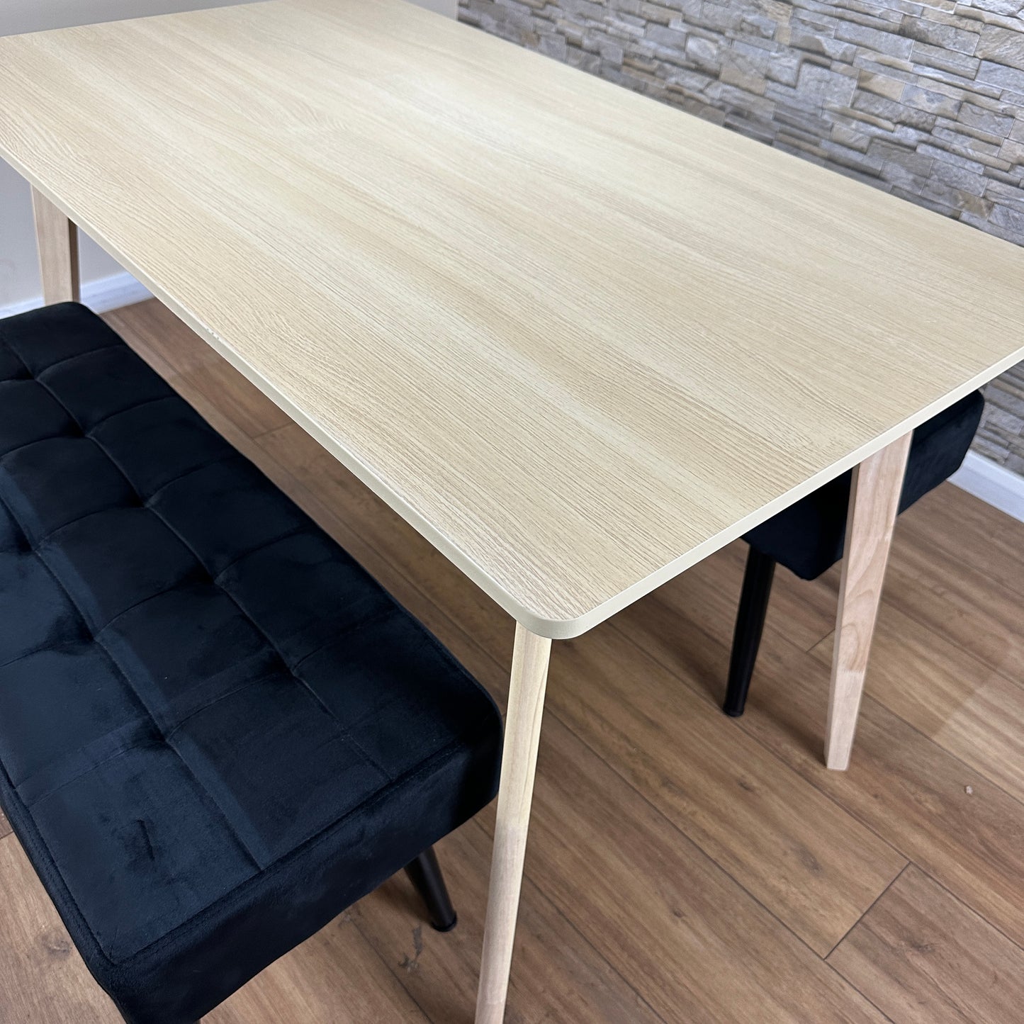 DOUBS Dining Table Set with 2 Black Velvet Benches Oak Effect Table 3-Piece Set