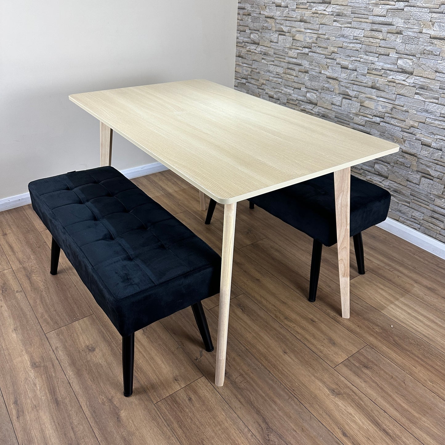 DOUBS Dining Table Set with 2 Black Velvet Benches Oak Effect Table 3-Piece Set